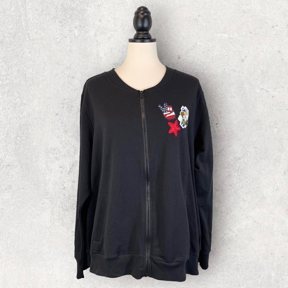 No Comment Black Bomber Jacket Varsity Patriot Embroidered Patchwork, Size 3X